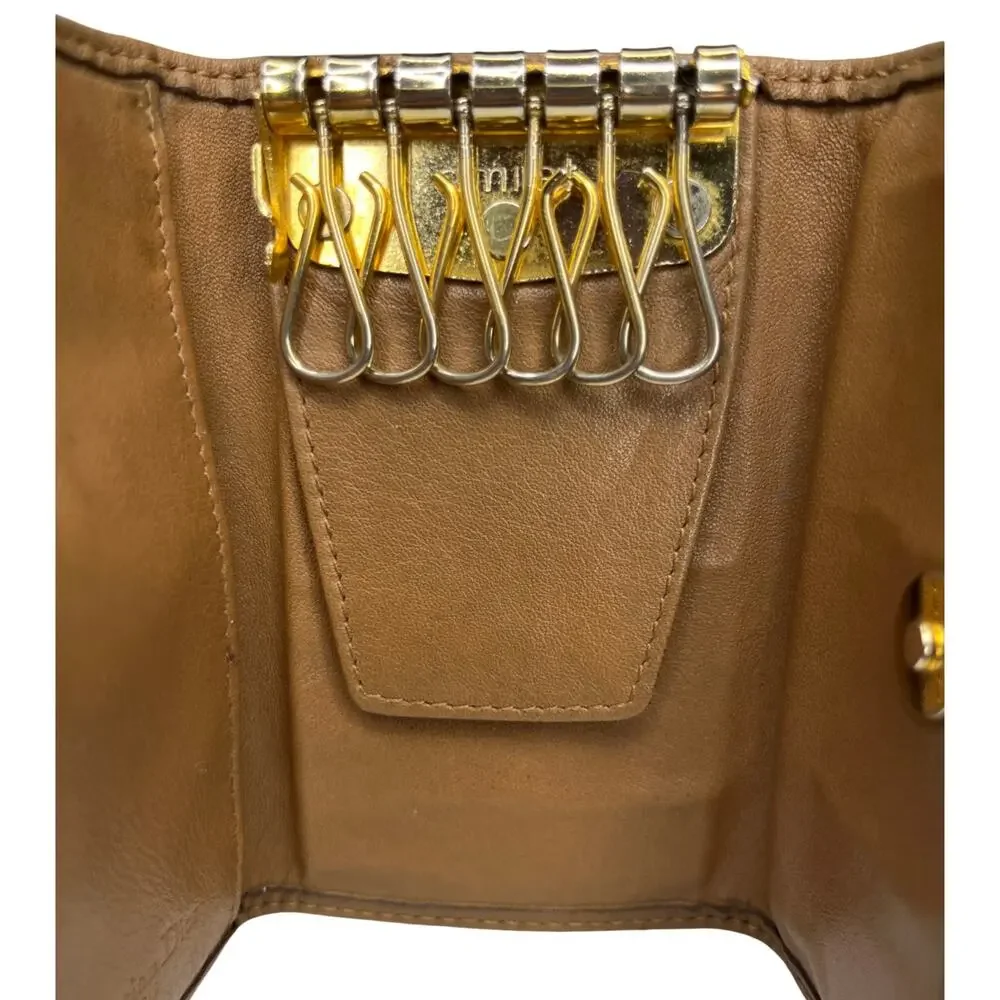 Christian Dior Vintage Honeycomb Key Case Brown Trim Gold Plaque Made in Spain